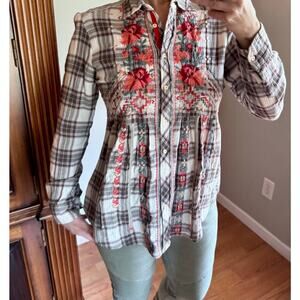 Johnny Was Candice Smock Plaid Floral Button Up Ladies  Medium Top/Shirt/Blouse